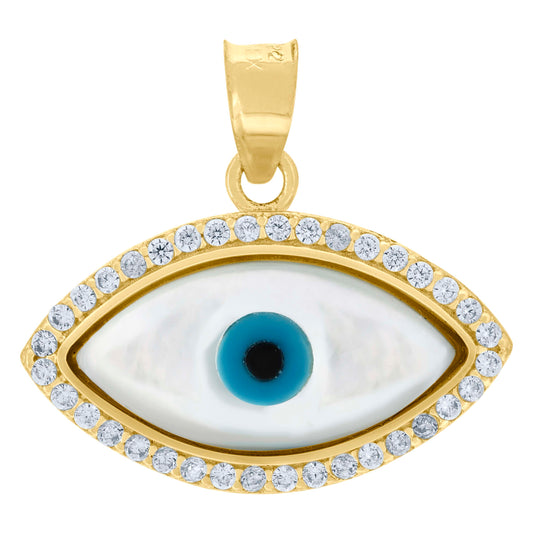 10k Yellow Gold Unisex Cubic Zirconia Evil Eye Blue White Enamel Charm Pendant