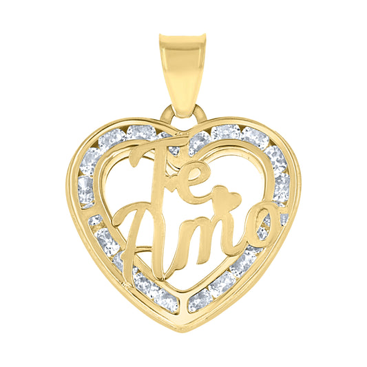 10k Yellow Gold Womens Cubic Zirconia Te Amo Love Heart Charm Pendant