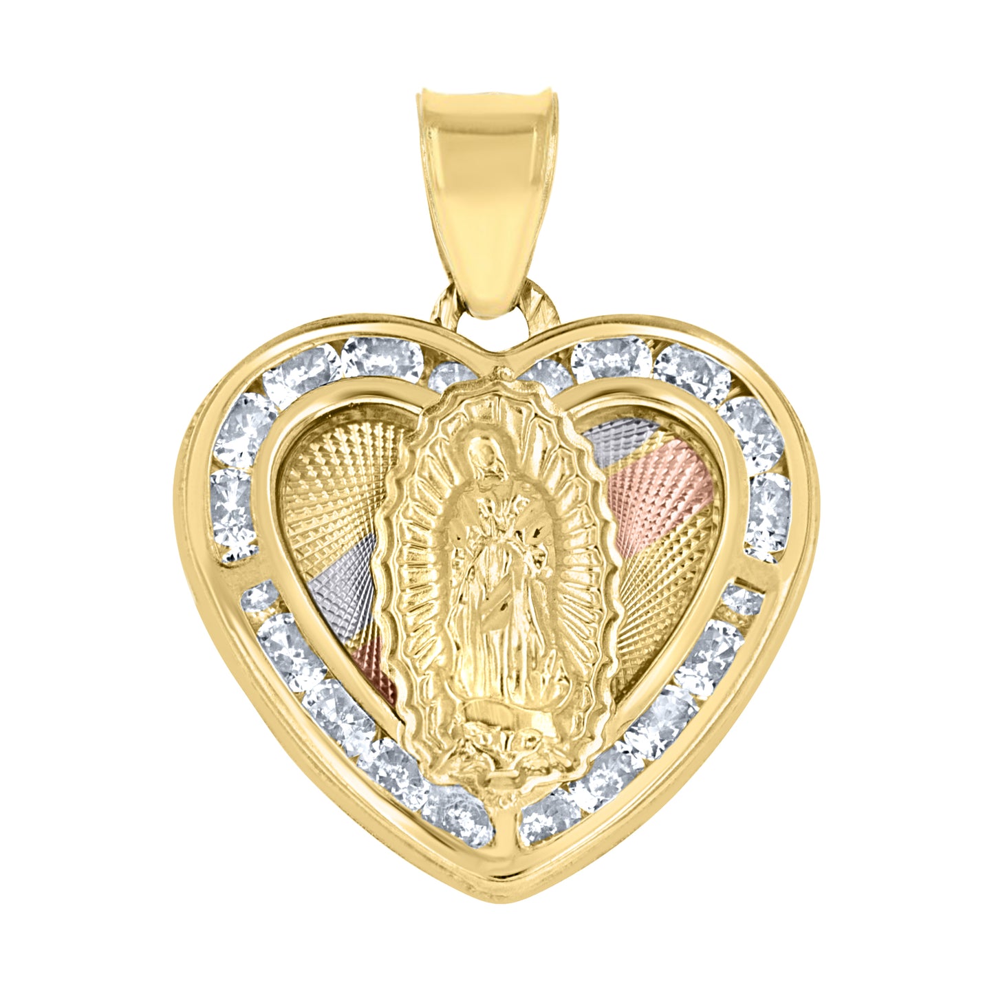 10kt Tri-Color Gold Unisex Cubic-Zirconia Diamond-Cut Lady Of Guadalupe Religious Heart Charm Pendant