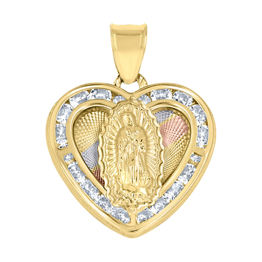 10kt Tri-Color Gold Unisex Cubic-Zirconia Diamond-Cut Lady Of Guadalupe Religious Heart Charm Pendant