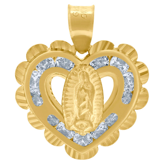 10kt Two-Tone Gold Unisex Cubic-Zirconia Textured Lady Of Guadalupe Religious Heart Charm Pendant