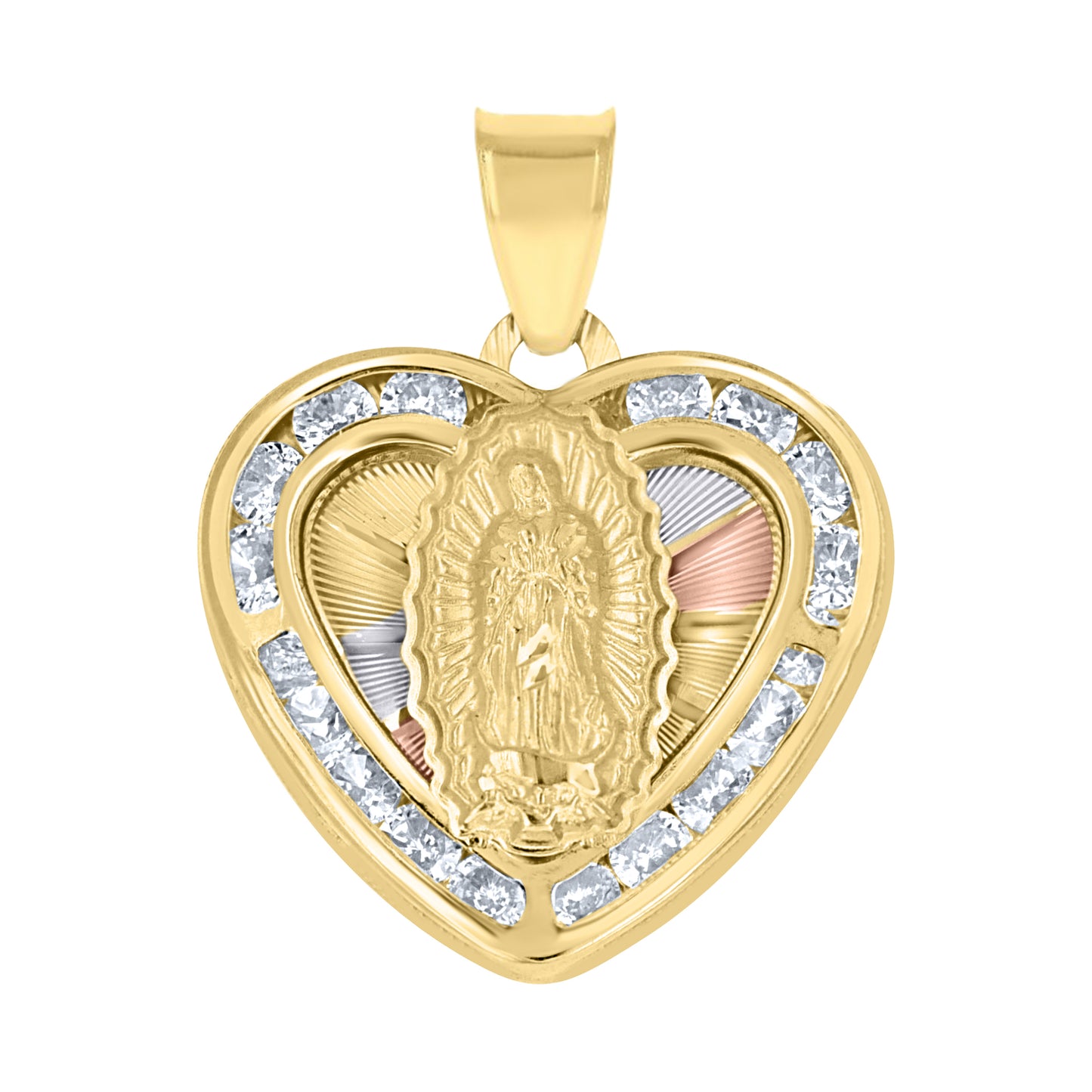 10kt Tri-Color Gold Unisex Cubic-Zirconia Textured Lady Of Guadalupe Religious Heart Charm Pendant
