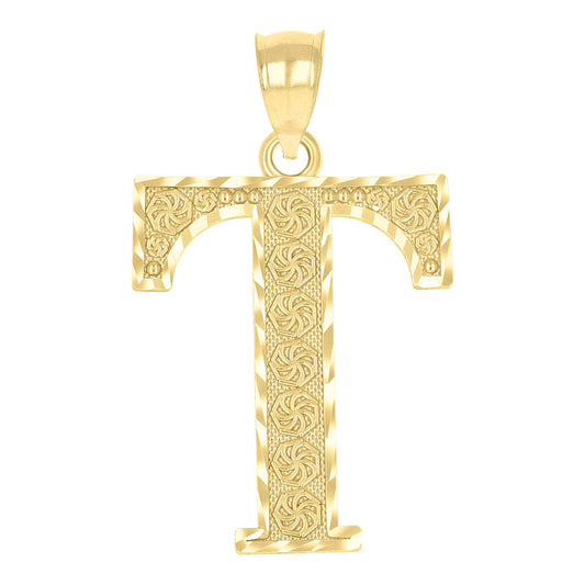10k Yellow Gold Unisex Diamond Cut Initial Letter T Charm Pendant