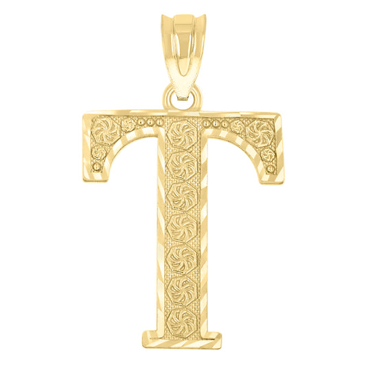 10k Yellow Gold Unisex Diamond Cut Initial Letter T Charm Pendant