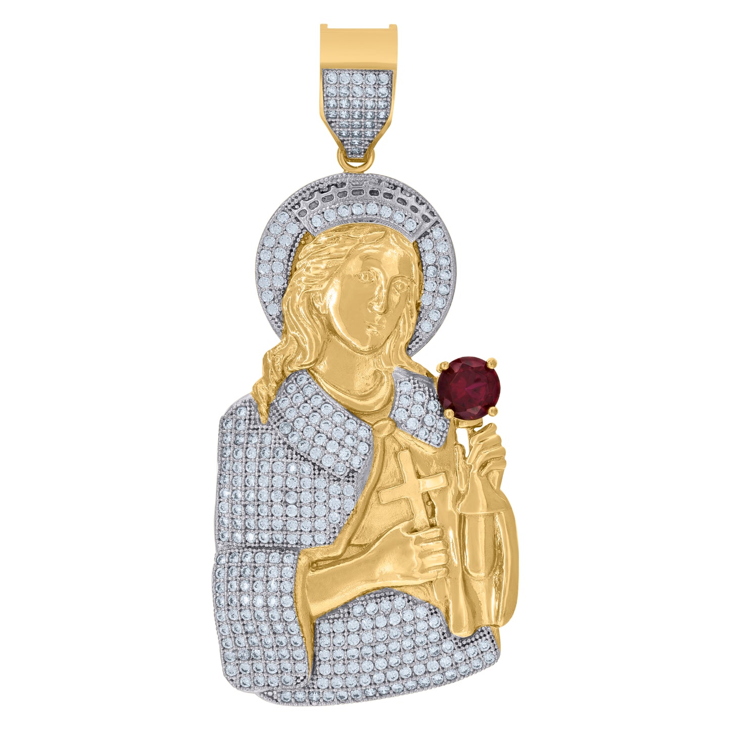 10k Two Tone Gold Unisex Red White Cubic Zirconia Religious Saint Barbara Charm Pendant