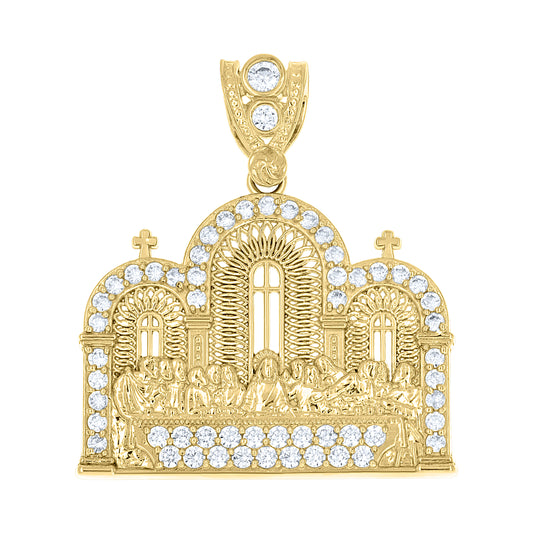 10k Yellow Gold Mens Cubic Zirconia Last Supper Religious Pendant