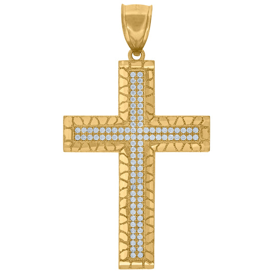 10k Yellow Gold Unisex Cubic Zirconia Nugget Textured Cross Religious Charm Pendant