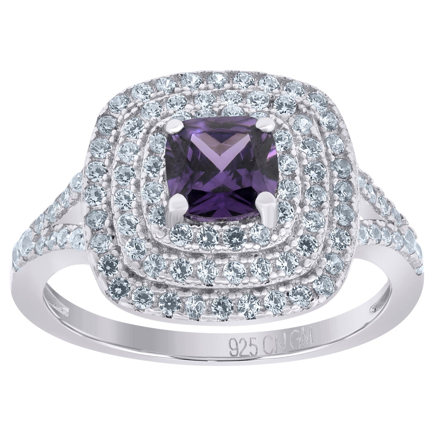 925 Sterling Silver Womens Purple Princess Cut Cubic Zirconia Fashion Ring