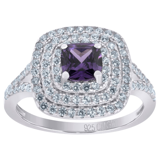 925 Sterling Silver Womens Purple Princess Cut Cubic Zirconia Fashion Ring