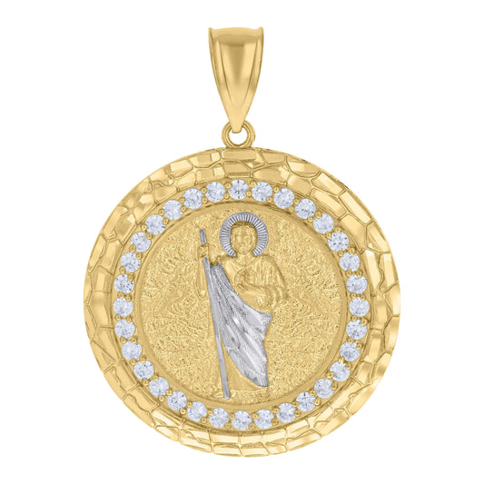 10k Two tone Gold Mens Cubic Zirconia Nugget St. Jude Religious Charm Pendant