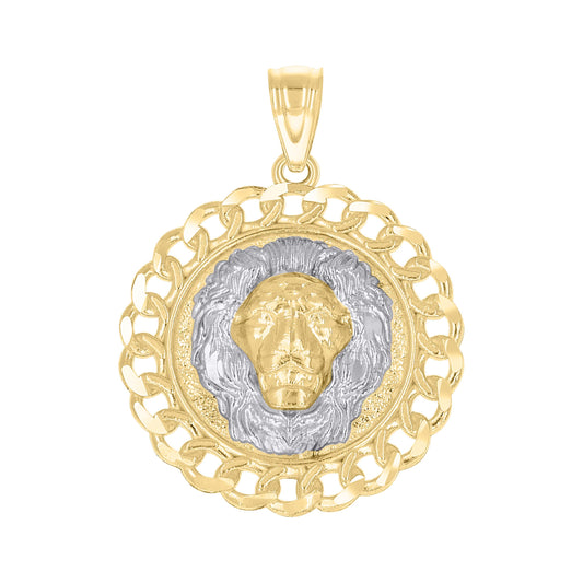 10k Two Tone Gold Lion Face Leo Animal Medallion Charm Pendant