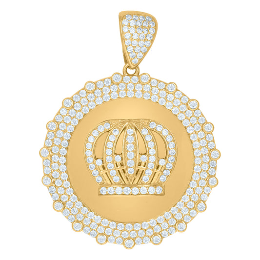 10k Two Tone Gold Men Cubic Zirconia Fashion Crown Medallion Charm Pendant