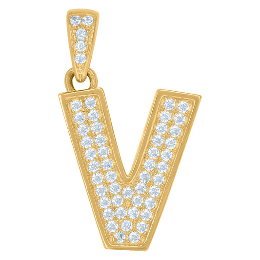 10k Yellow Gold Unisex Cubic Zirconia Initial Alphabet V Charm Pendant