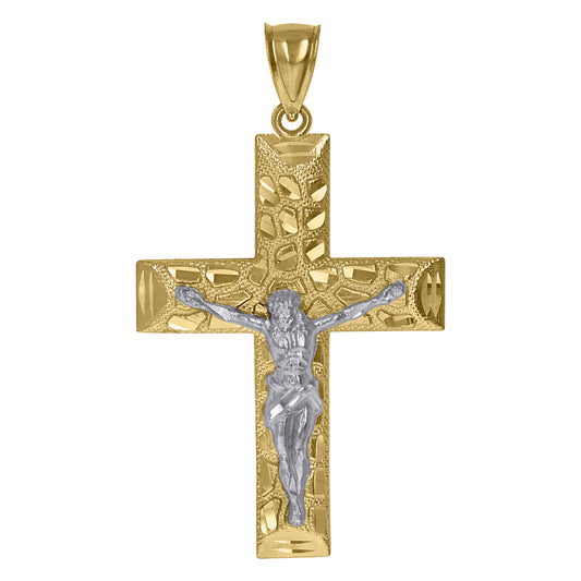 10k Two Tone Gold Mens Nugget Crucifix Religious Charm Pendant