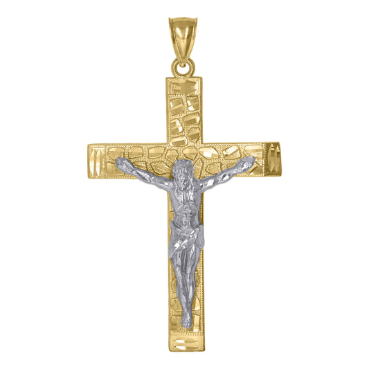 10k Two Tone Gold Mens Nugget Crucifix Religious Charm Pendant