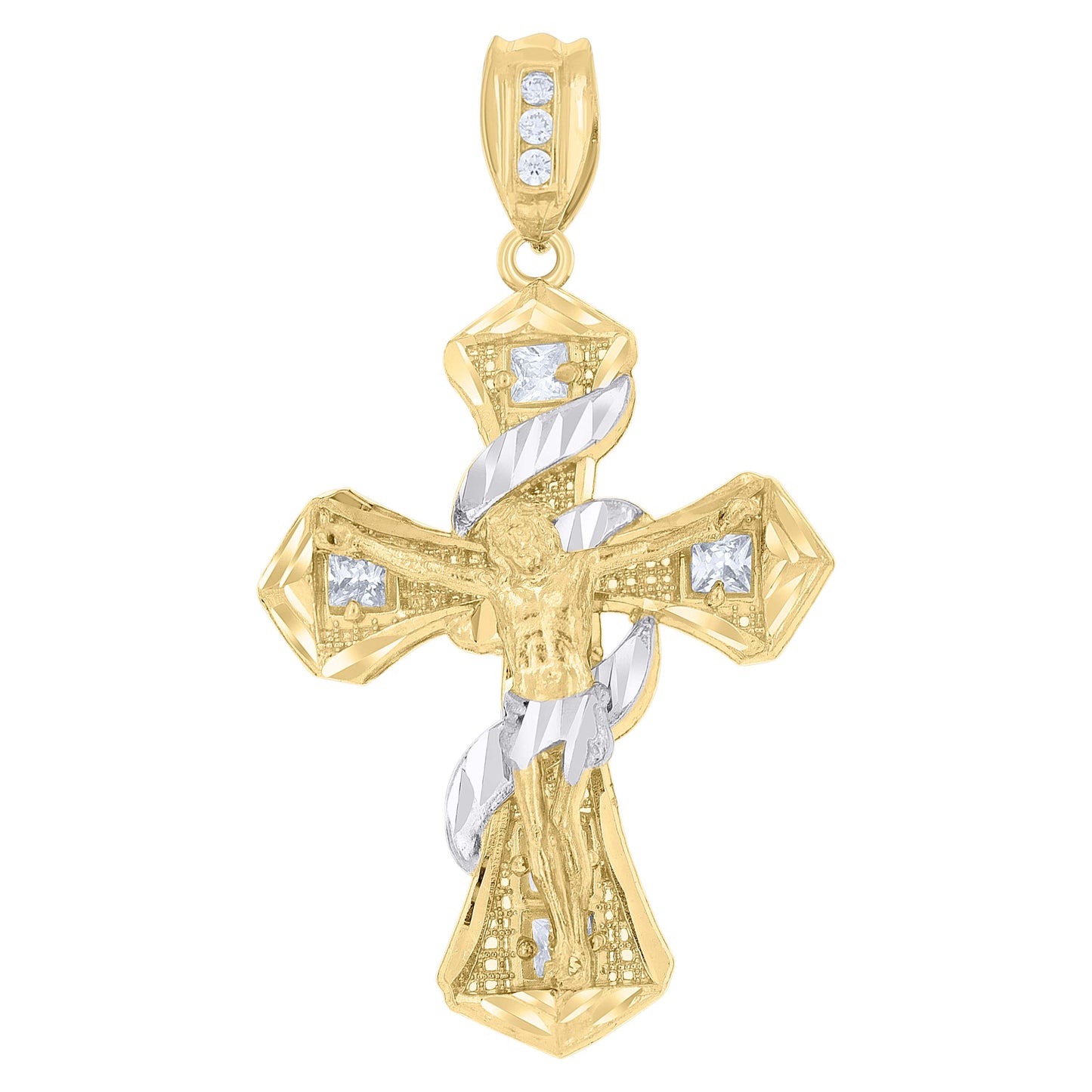 10k Two Tone Gold Mens Princess Cut Cubic Zirconia Religious Cross Crucifix Charm Pendant