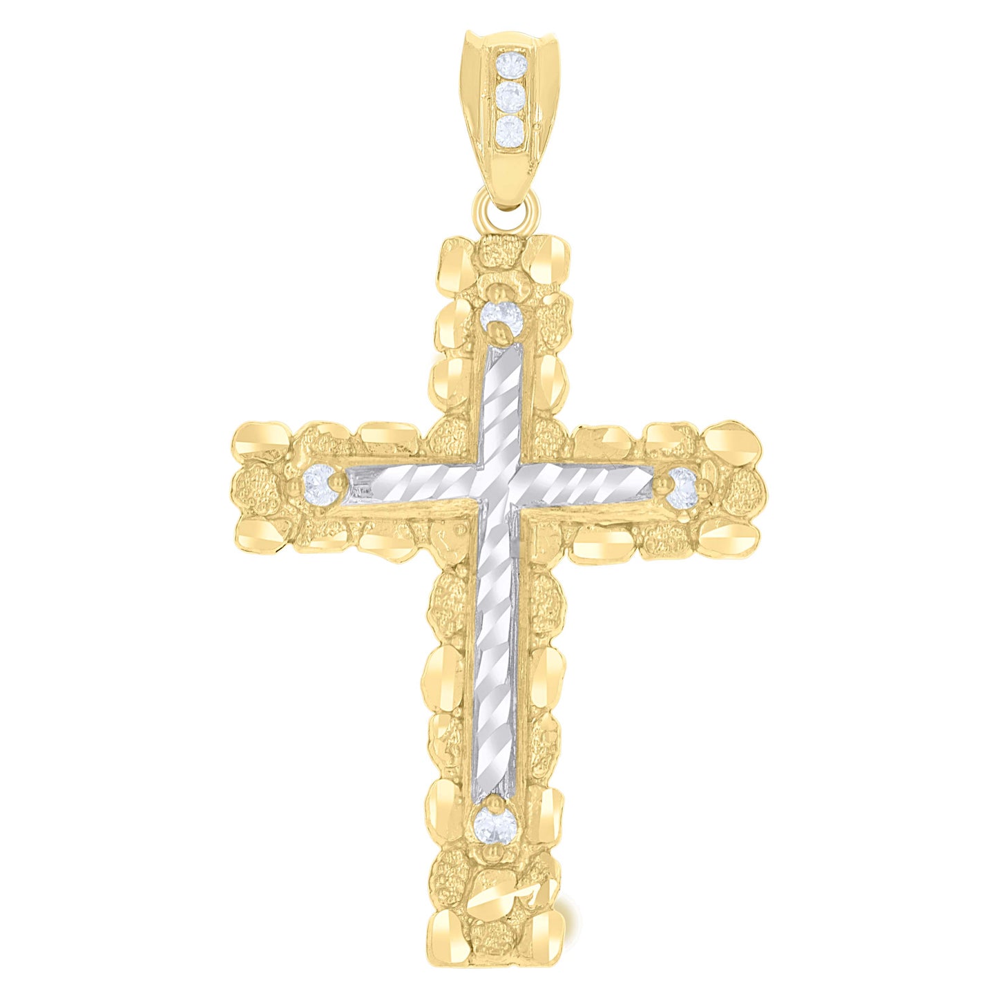 10k Two Tone Gold Mens Cubic Zirconia Religious Cross Charm Pendant