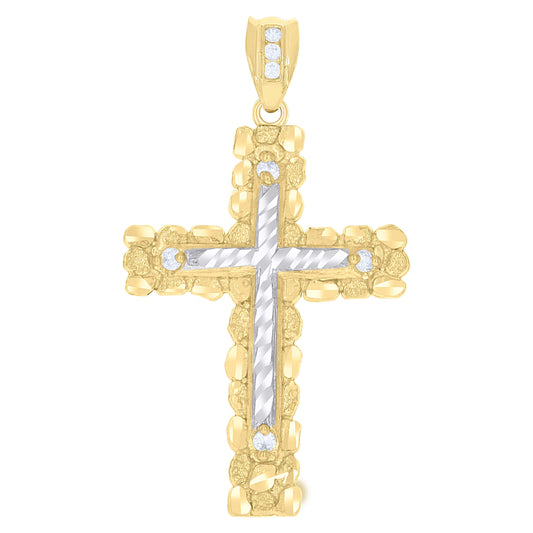 10k Two Tone Gold Mens Cubic Zirconia Religious Cross Charm Pendant