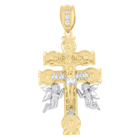 10k Two Tone Gold Mens Princess Cut Cubic Zirconia Religious Caravaca Cross Crucifix Charm Pendant