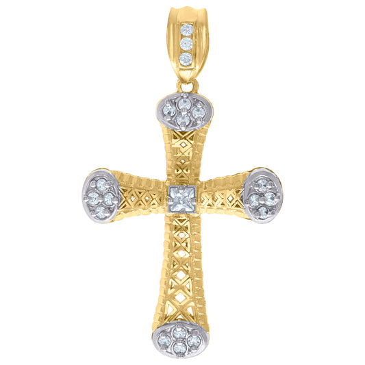 10k Two Tone Gold Mens Princess Cut Cubic Zirconia Religious Cross Charm Pendant