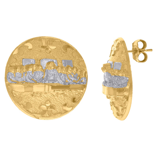 10k Two-Tone Gold Mens Religious Last Supper Stud Earrings