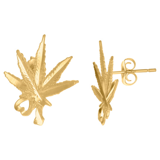 10k Yellow Gold Mens Fashion Marijuana Leaf Stud Earrings
