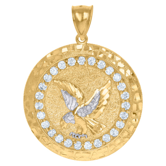 10k Two Tone Gold Mens Cubic Zirconia Medallion Bird Eagle Wildlife Charm Pendant