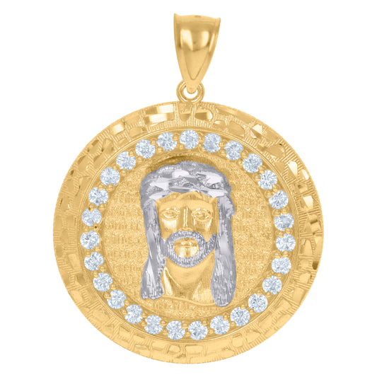 10k Two Tone Gold Mens Cubic Zirconia Medallion Jesus Religious Charm Pendant