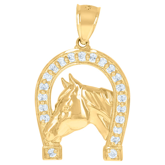 10k Yellow Gold Mens Cubic Zirconia Horse Head Horseshoe Good Luck Charm Pendant