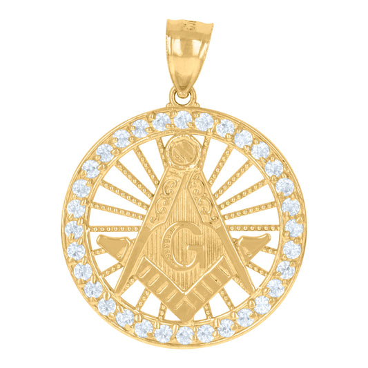 10k Yellow Gold Mens Cubic Zirconia Masonic Symbol Religious Charm Pendant