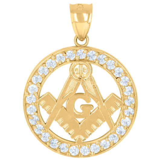 10k Yellow Gold Mens Cubic Zirconia Masonic Symbol Religious Charm Pendant