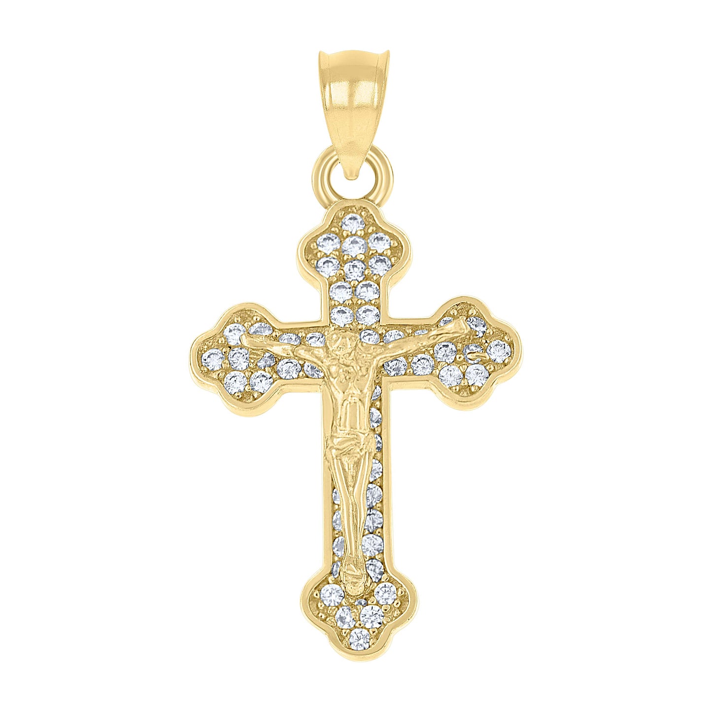 10k Yellow Gold Mens Cubic Zirconia Religious Budded Cross Crucifix Charm Pendant
