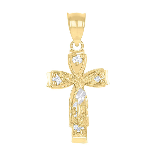 10Kt Two-Tone Gold Unisex Cubic-Zirconia Crucifix Cross Religious Charm Pendant