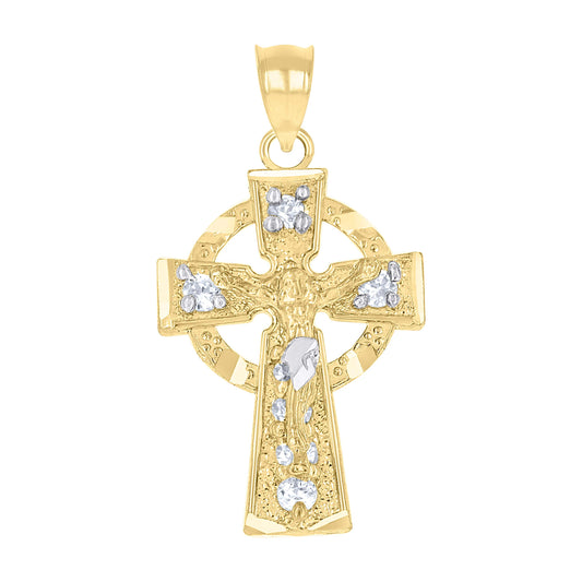10Kt Two-Tone Gold Unisex Cubic-Zirconia Crucifix Cross Religious Charm Pendant