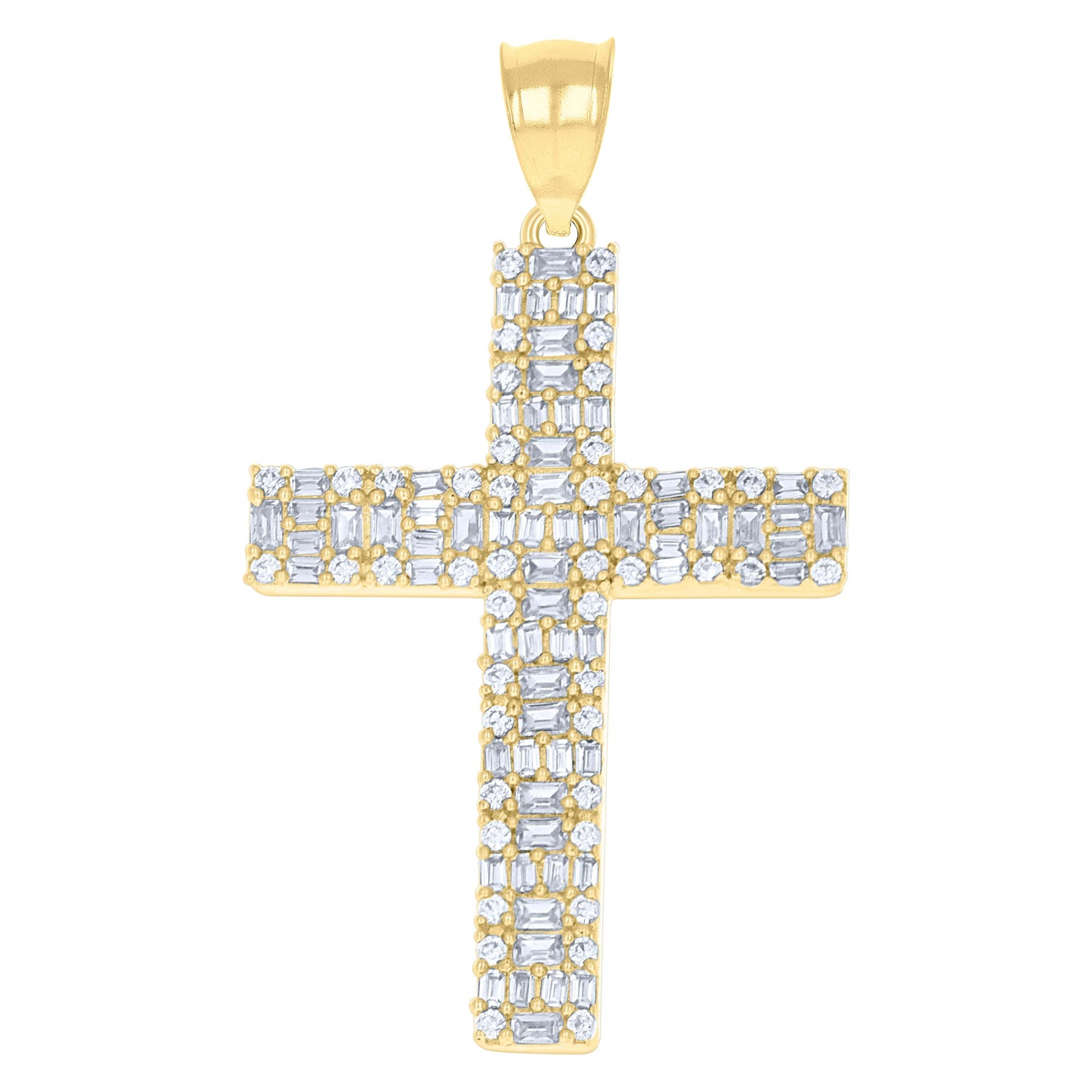 10k Yellow Gold Mens Baguette Round Cubic Zirconia Cross Religious Charm Pendant
