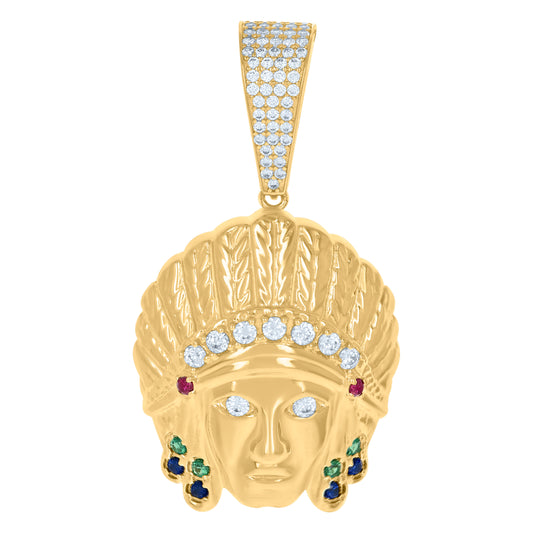 10k Yellow Gold Mens Multi Color Cubic Zirconia Native American Indian Fashion Charm Pendant