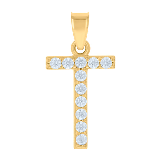 10k Yellow Gold Unisex Cubic Zirconia Initial Alphabet T Charm Pendant