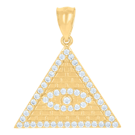 10k Yellow Gold Mens Cubic Zirconia Good Luck Evil Eye Pyramid Egyptian Charm Pendant