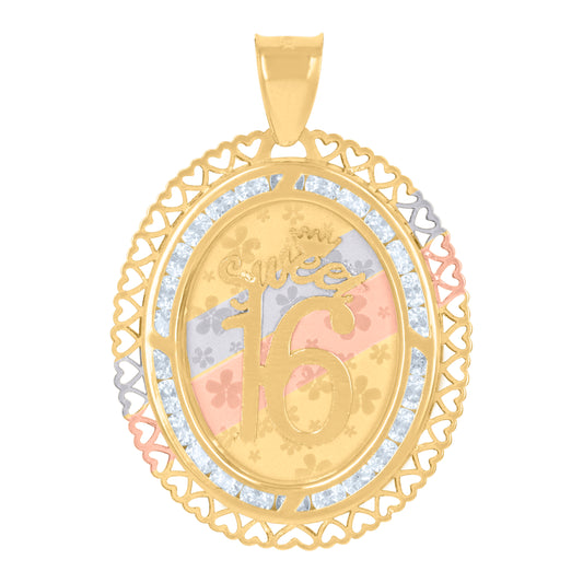 10k Tri Color Gold Womens Cubic Zirconia Hearts Border Sweet 16 Quinceanera Charm Pendant