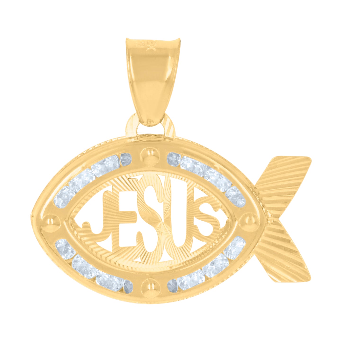 10kt Yellow Gold Unisex Cubic-Zirconia Ichthus Jesus Religious Charm Pendant