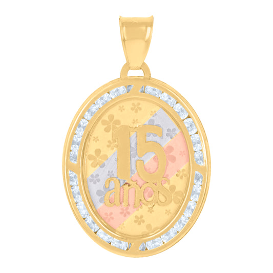 10k Tri Color Gold Womens Cubic Zirconia Anos 15 Quinceanera Charm Pendant