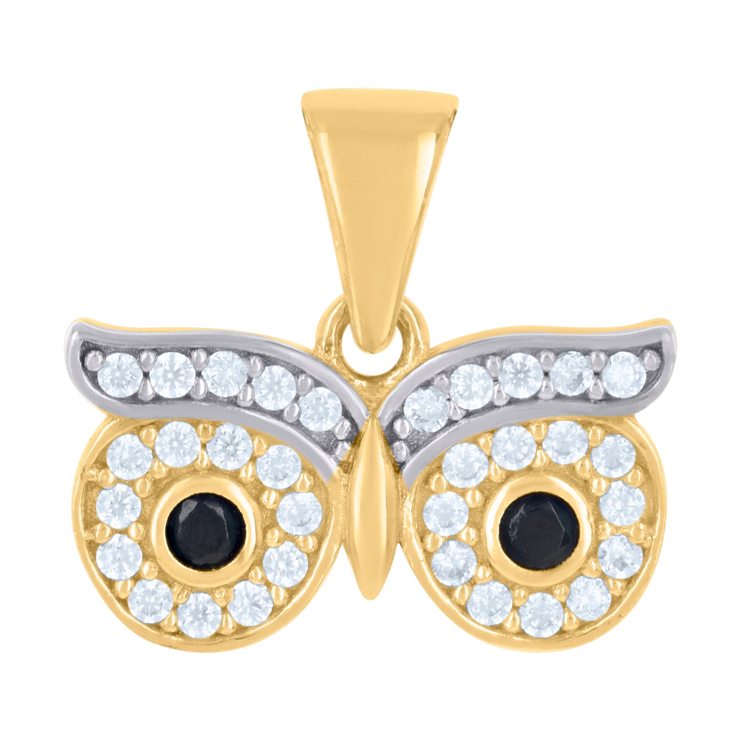 10k Two tone Gold Womens Black White Cubic Zirconia Owl Eyes Bird Wildlife Charm Pendant