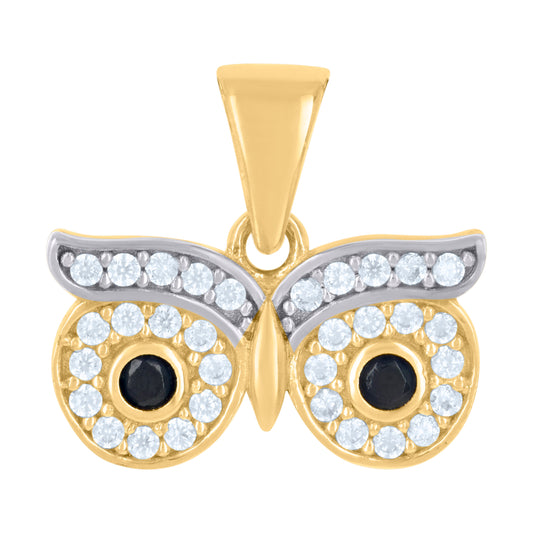 10k Two tone Gold Womens Black White Cubic Zirconia Owl Eyes Bird Wildlife Charm Pendant