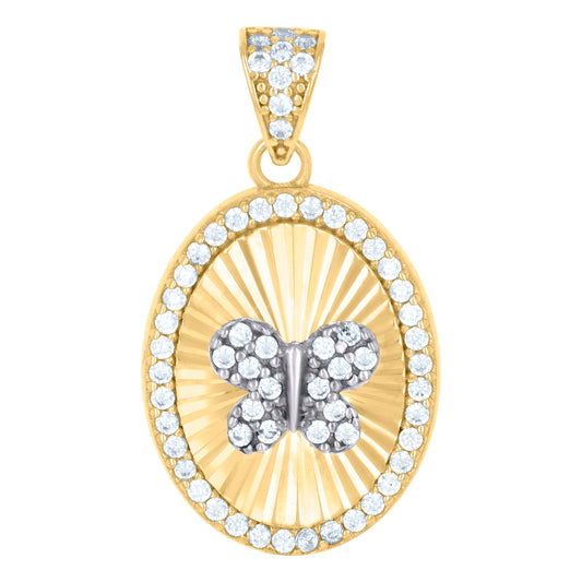 10k Two tone Gold Womens Cubic Zirconia Oval Medallion Butterfly Insect Wildlife Charm Pendant