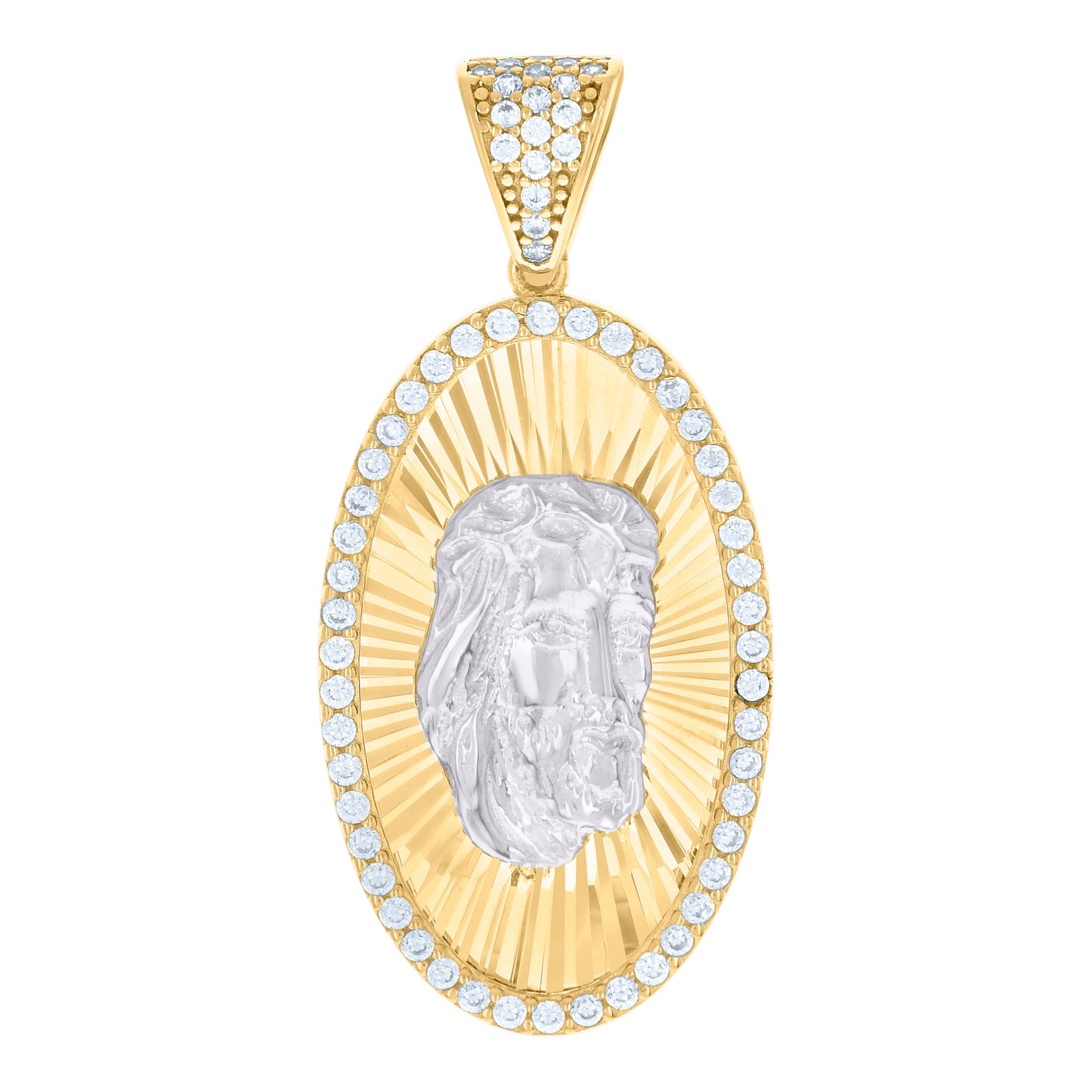 10k Two tone Gold Mens Cubic Zirconia Oval Medallion Jesus Religious Charm Pendant