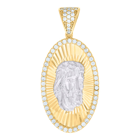10k Two tone Gold Mens Cubic Zirconia Oval Medallion Jesus Religious Charm Pendant