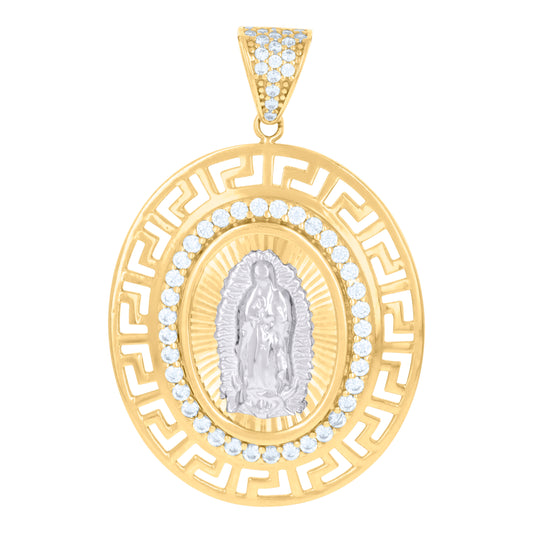 10k Two tone Gold Unisex Cubic Zirconia Greek Key Border Oval Medallion Guadalupe Religious Charm Pendant