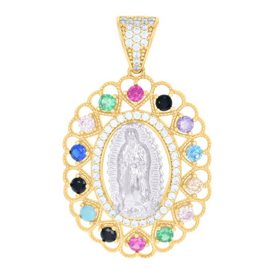 10k Two tone Gold Womens Multi color Cubic Zirconia Oval Medallion Guadalupe Religious Charm Pendant