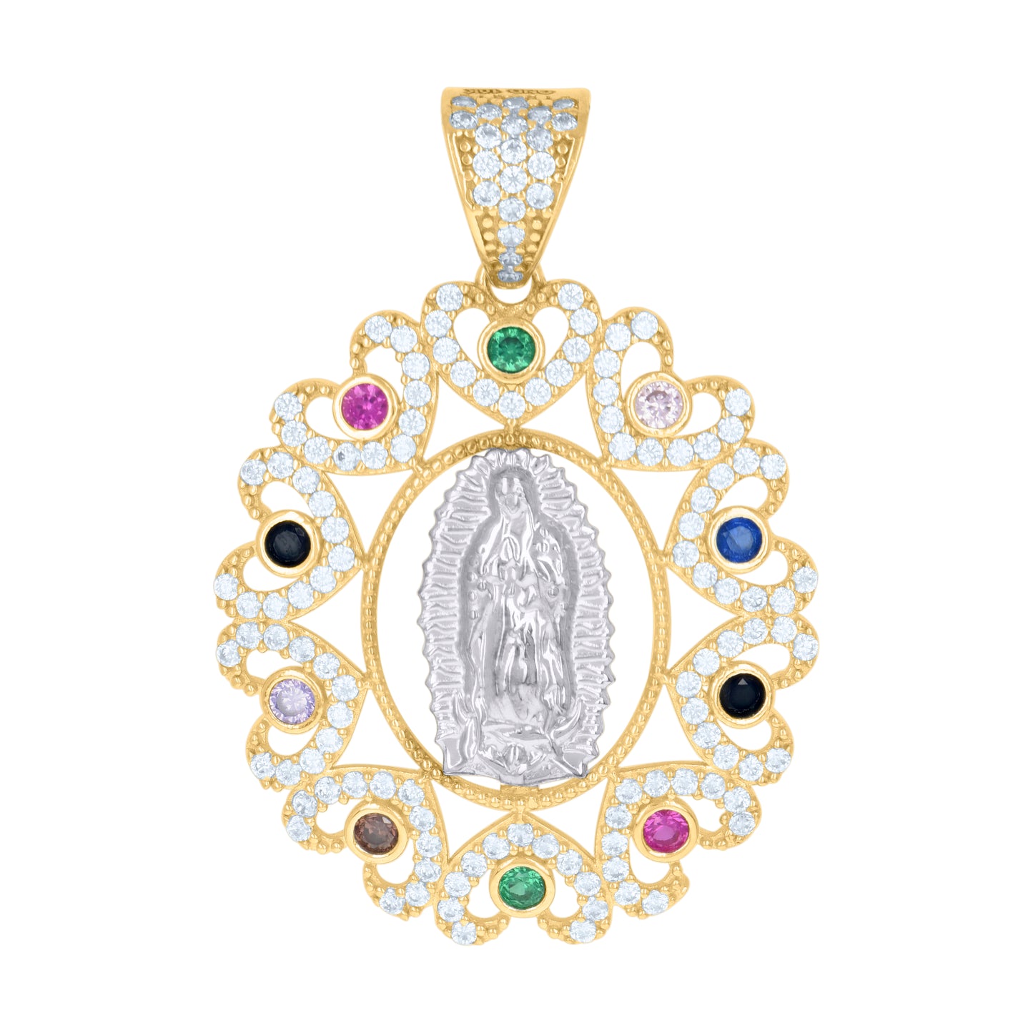 10k Two tone Gold Womens Multi color Cubic Zirconia Oval Medallion Guadalupe Religious Charm Pendant