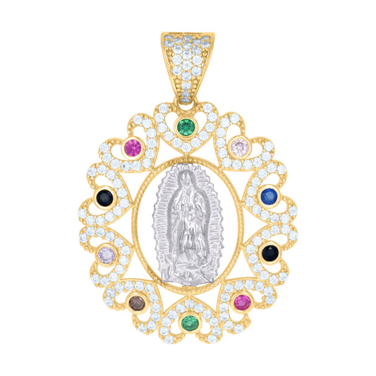 10k Two tone Gold Womens Multi color Cubic Zirconia Oval Medallion Guadalupe Religious Charm Pendant